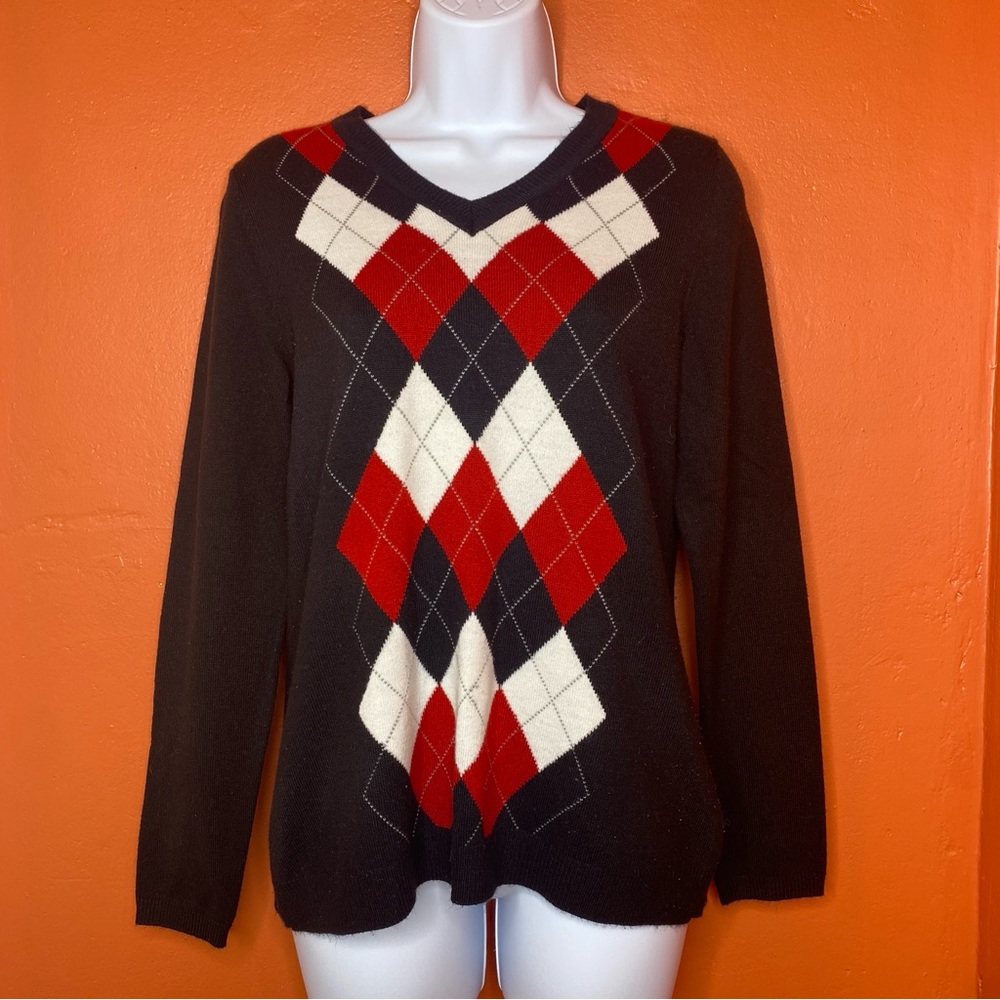 Croft & Barrow Black Argyle Print V-Neck Long Sleeve Pullover Sweater